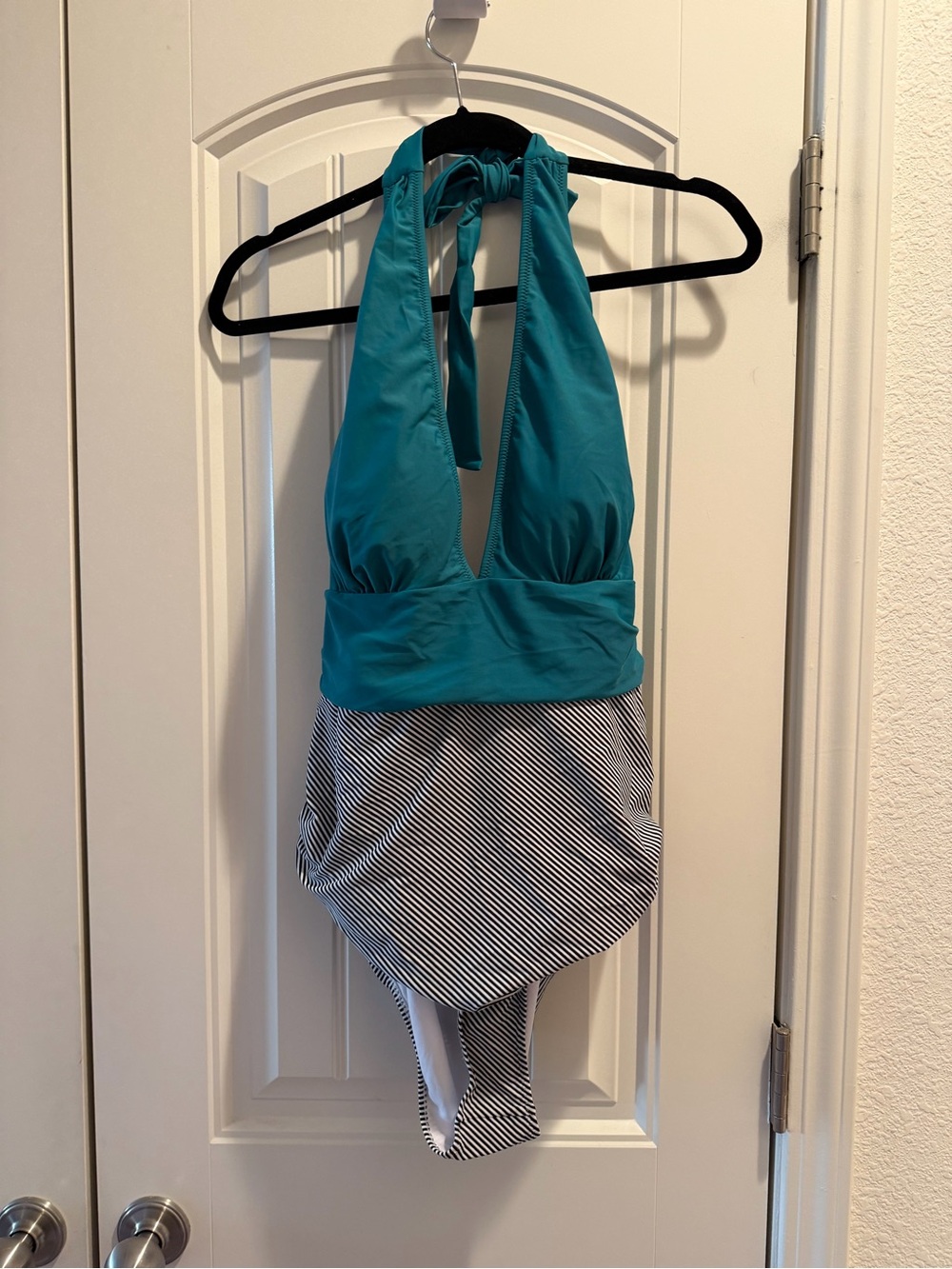 Cupshe Teal Halter One-Piece Swimsuit with Striped Skirt